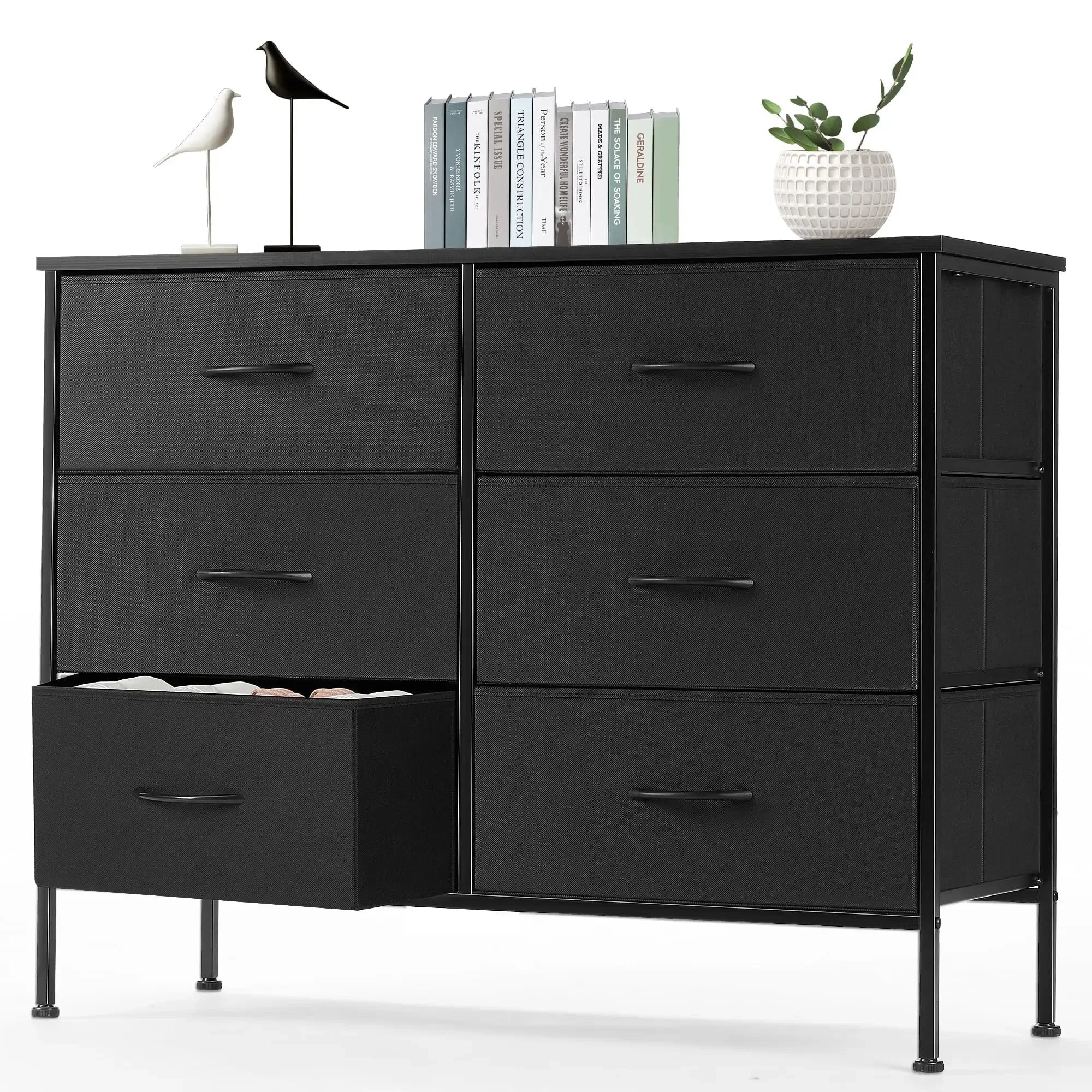 6 Drawer Dresser, Wide Chest Of Drawers Nightstand Storage Tower Storage Dresser Fabric Dresser With Wood Top for Living Room