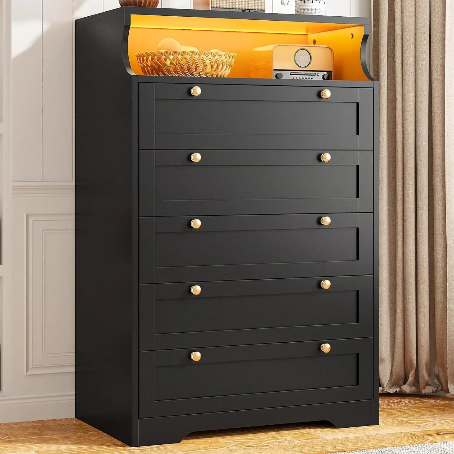 Black Dresser with 5 Drawers for Bedroom,Tall Dresser with LED Lights and 2 Shelves,Dressers & Chests of Drawers for Hallway