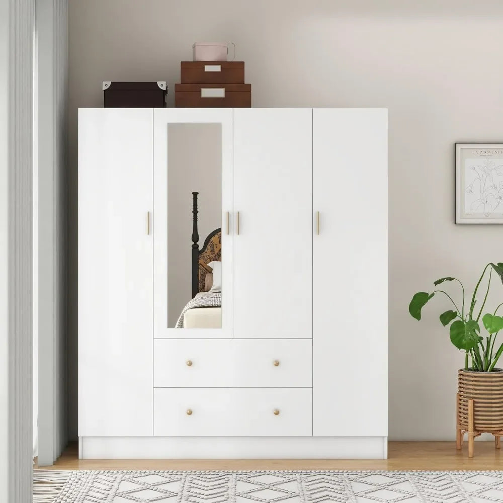 Bedroom Armoires Wardrobe Closet with 4 Doors 2 Drawers and Mirror, Large Shelves Hanging Rods for Bedroom