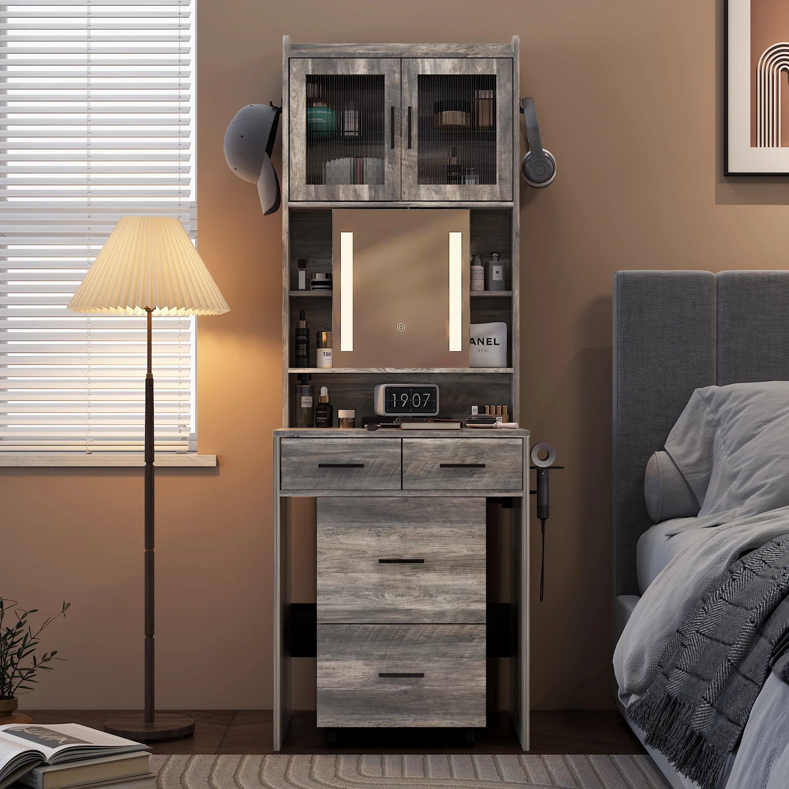 Small Vanity Desk with Sliding Mirror and LED Lights, Makeup Table with Charging Station Compact Mini Corner Vanity Set