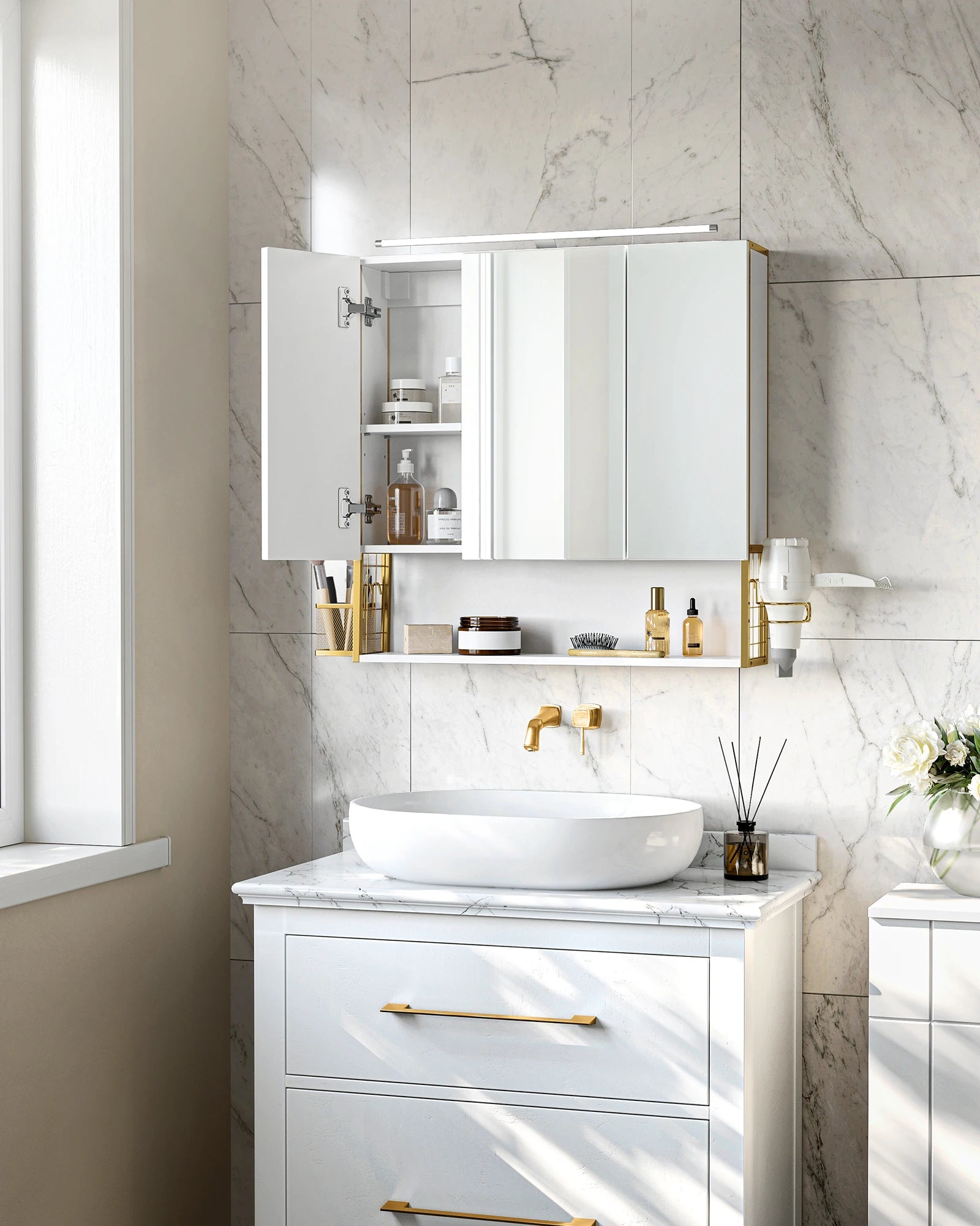 VASAGLE wardrobe bathroom mirror with lighting, bathroom wardrobe, integrated cable, bathroom wardrobe, wall wardrobe