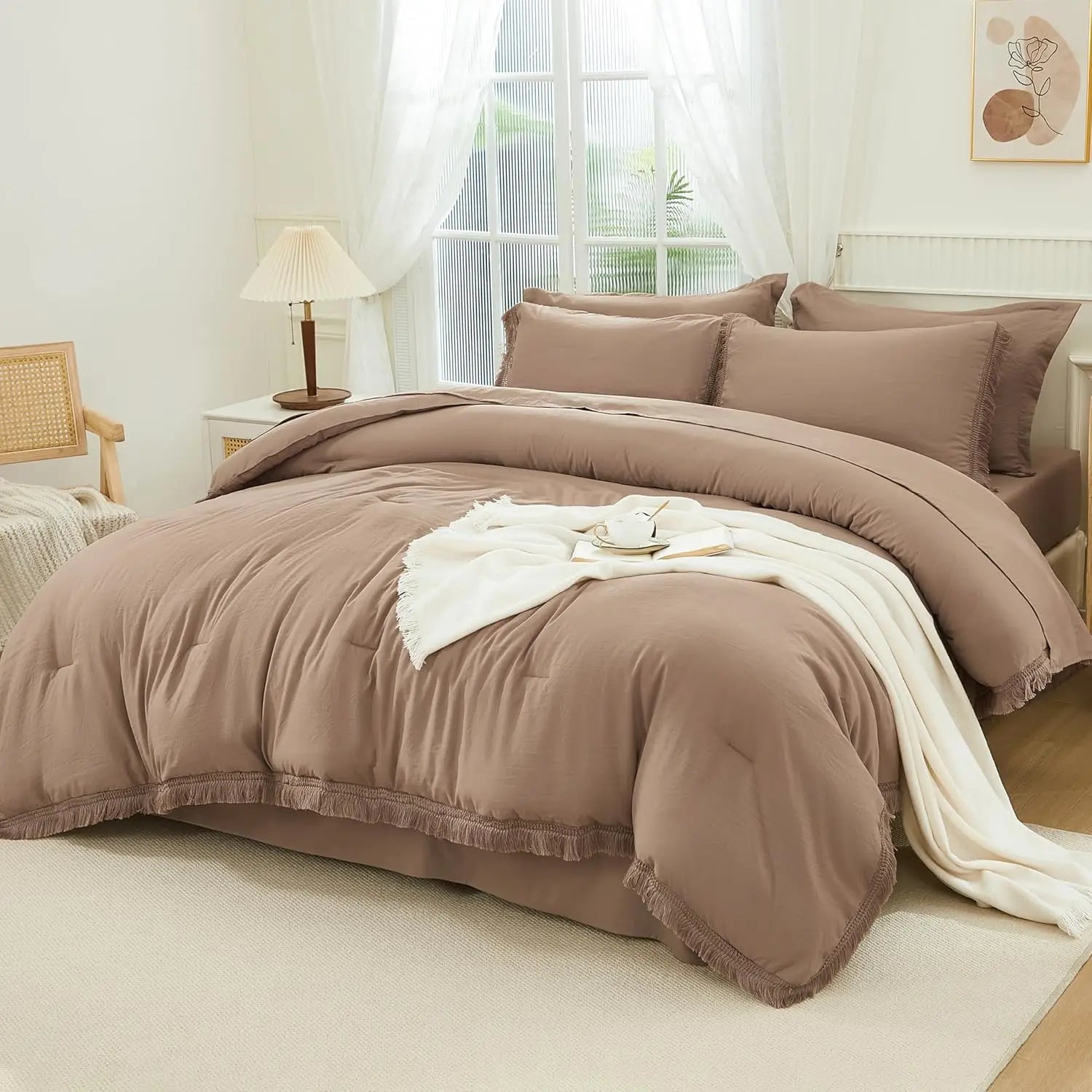 Comforter Set King Size, with Sheets 7 Pieces Boho Tassel Bed in a Bag Soft Lightweight Bedding Sets, All Season Fringe Bed Set