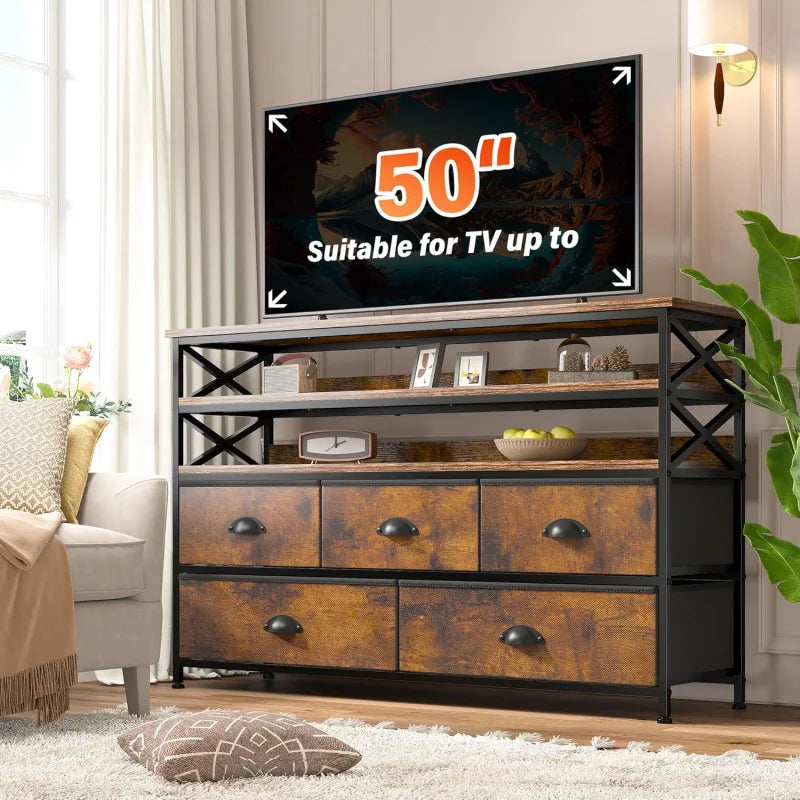TV Stand 50" TV, Sturdy Dresser for Bedroom with 5 Fabric and Wood Open Shelves, Dressers & Chest of Drawers