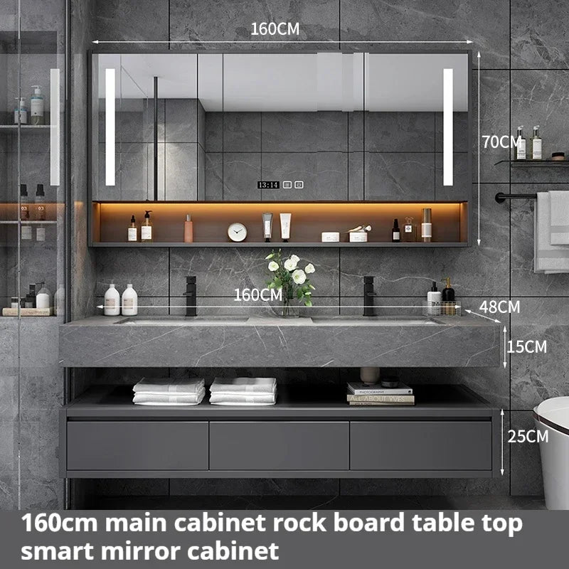 Light Luxury Panel Intelligent Bathroom Cabinet Meuble Rock Salle De Bain Wood Washbasin Double Basin Bathroom Cabinet Home