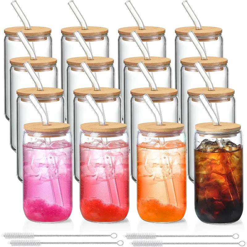 16 Pack Glass Cups with Lids and Straws 16 oz, Personalized Customizable Glasses for Gift, Business,