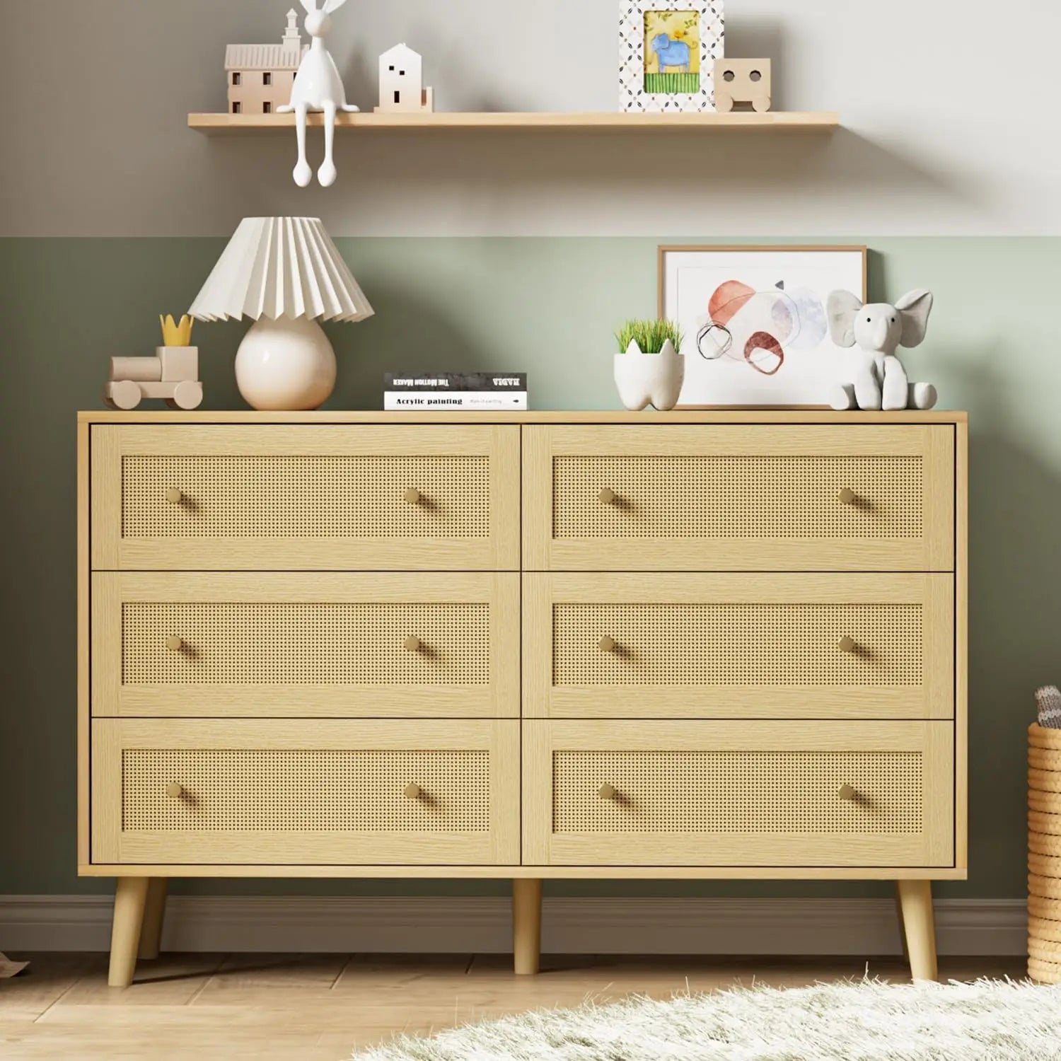 Bedroom rattan dress, modern 6-drawer double chest, black handle, Bohemian natural wood drawer box