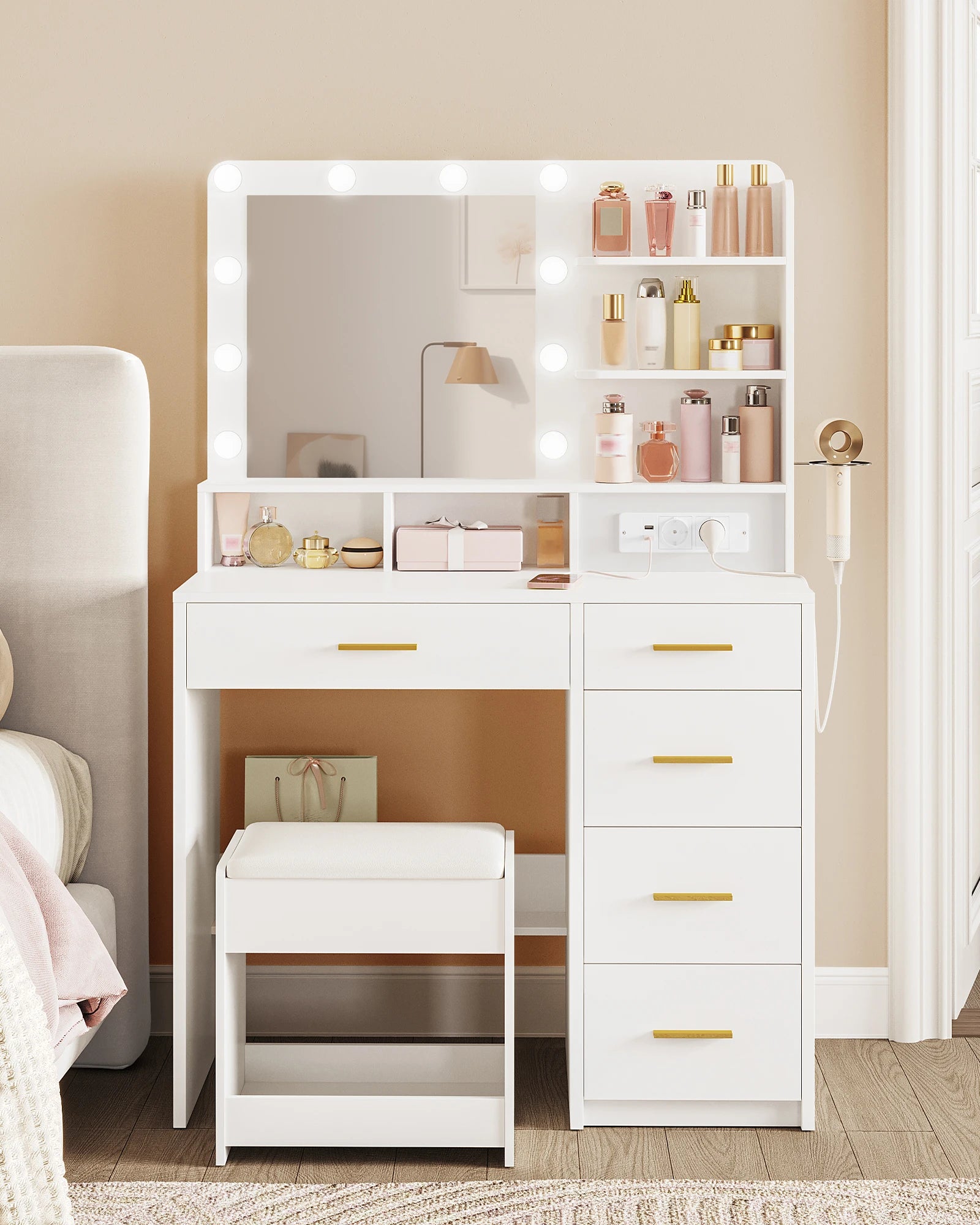 Dressing Table with 10 LED Light Balls, 3 Colors, Dressing Table with Plug and Large Mirror, Stool and Hairdryer Holder, White