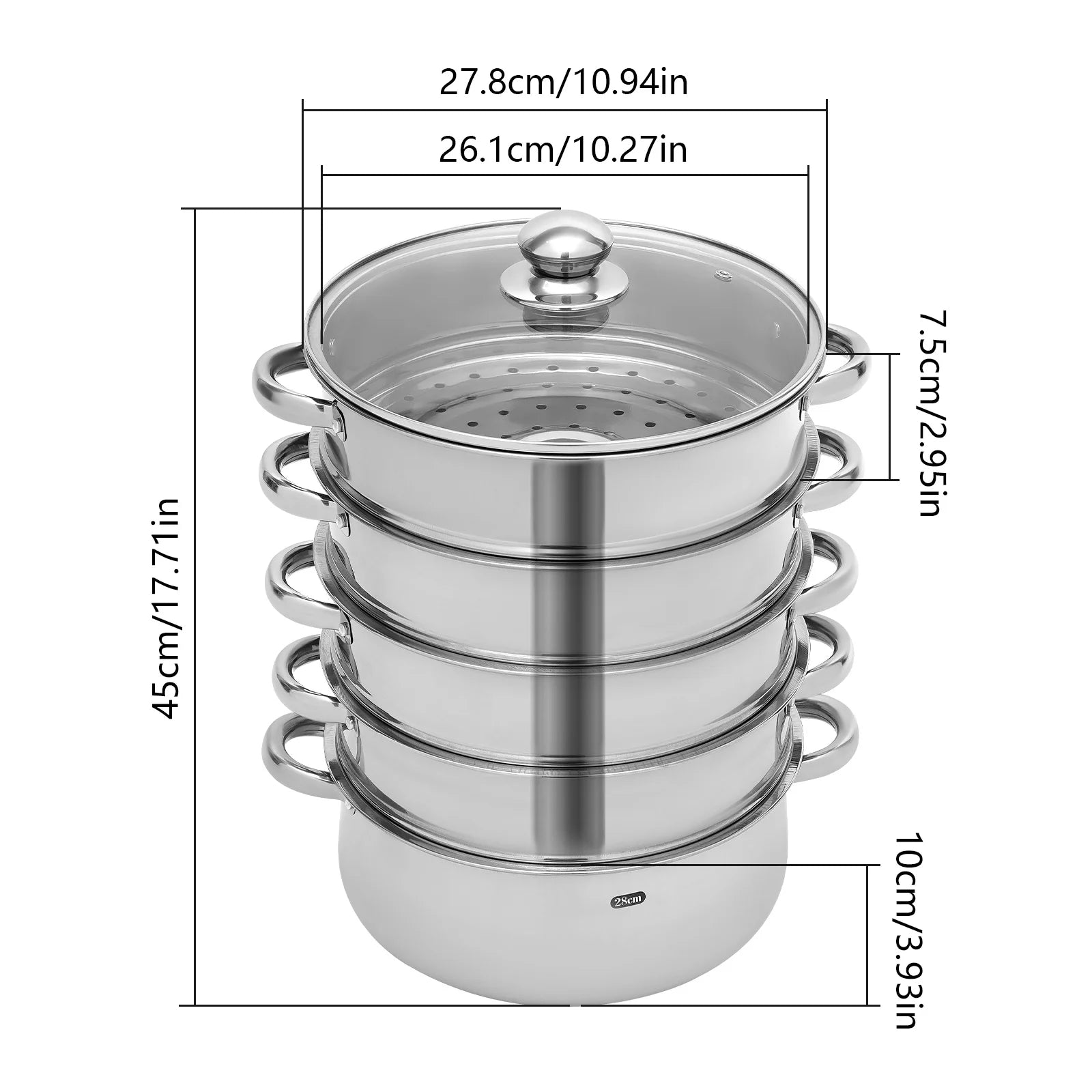 5 Tier Stainless Steel Steam Cooker Steamer Food Vegetable Pot Kitchen 26CM/28CM/30CM