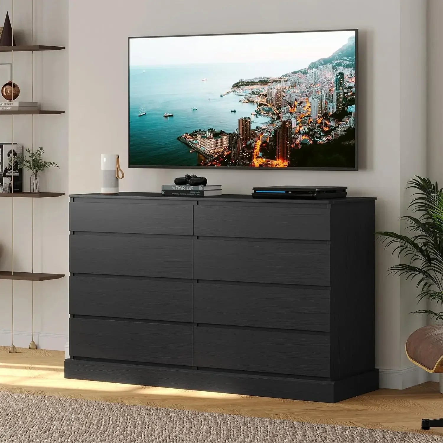 8 Drawers Bedroom Dresser, Modern Large Double Dressers for Bedroom, Black Storage Organizer Chest of Drawers