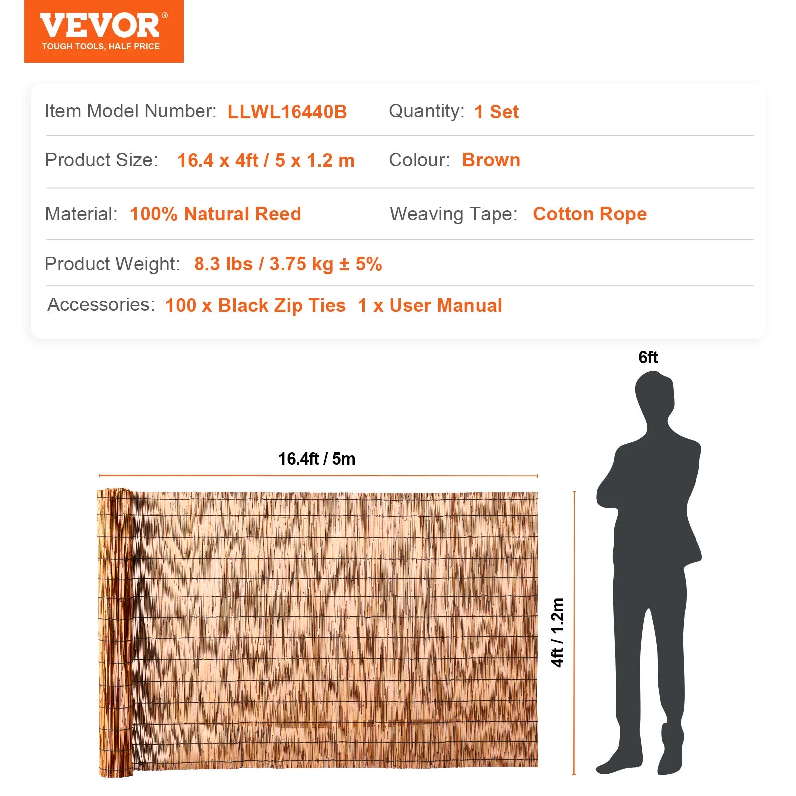 VEVOR Natural Reed Fencing 3.3 ft x 13.3 ftBalcony Reed Fence Roll for Outdoor Backyard Patio Decorative Fence Fencing Divider