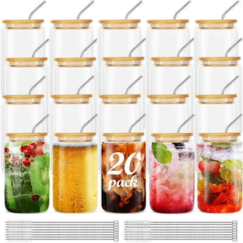 [20Pcs Set] Glass Cups With Bamboo Lids And Straws,16Oz Glass Water Bottles Glass Jars Cups Drinking Glasses