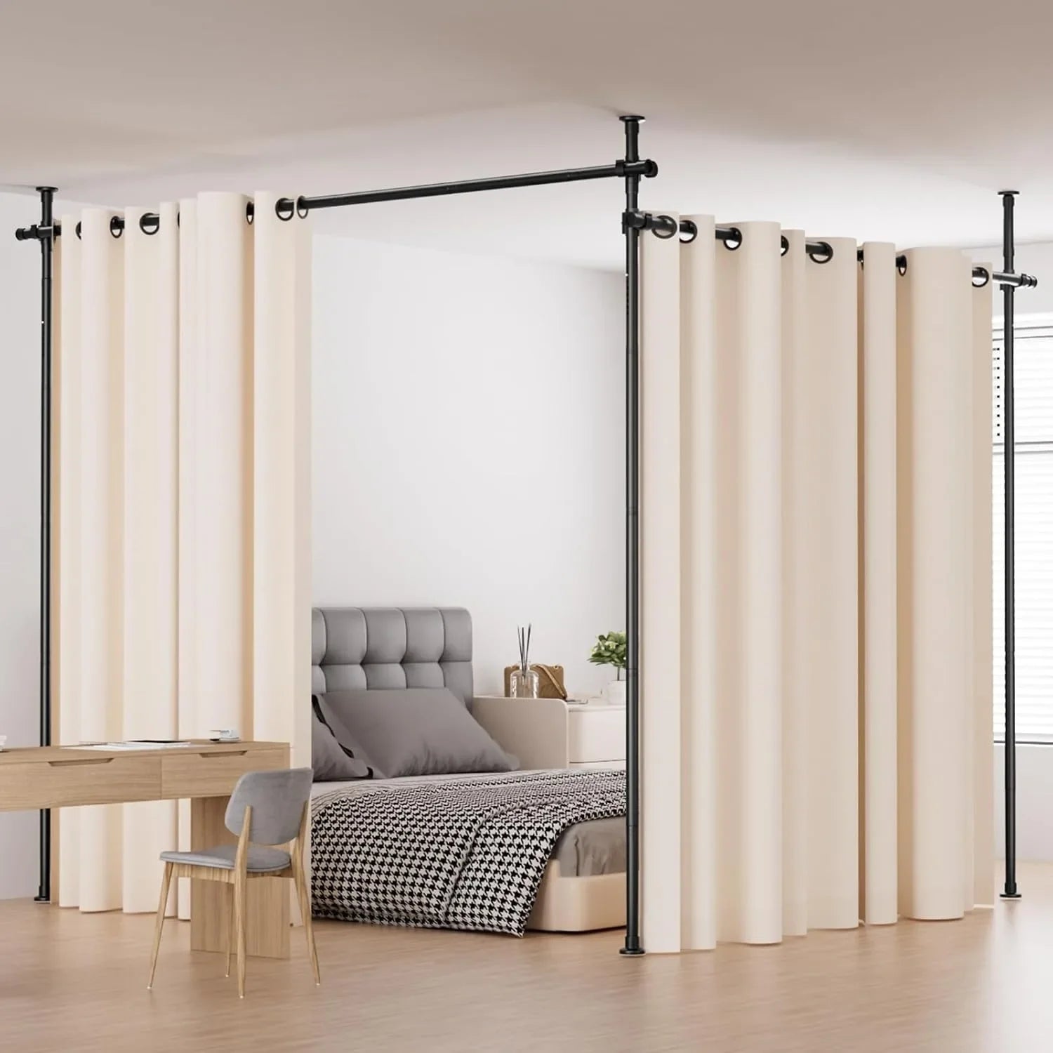 Room Divider, Height and Width Adjustable No Drilling Curtain Rod, Heavy Duty Metal Tension Wall Divider for Room Separation