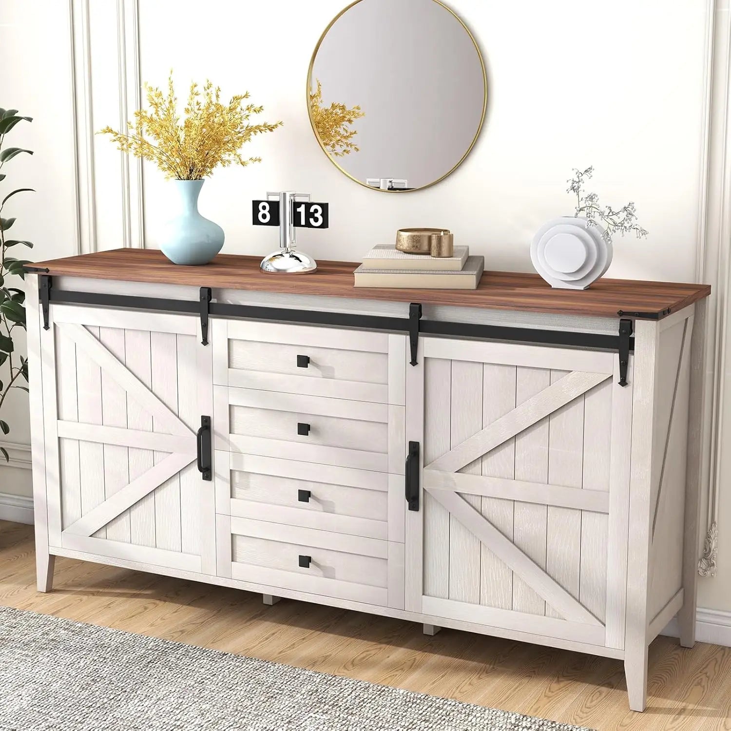 60 Inch Farmhouse 4 Drawers Dresser for Bedroom ,Natural Texture Wood Rustic Chest of Drawers for Living Room Neoclassical White