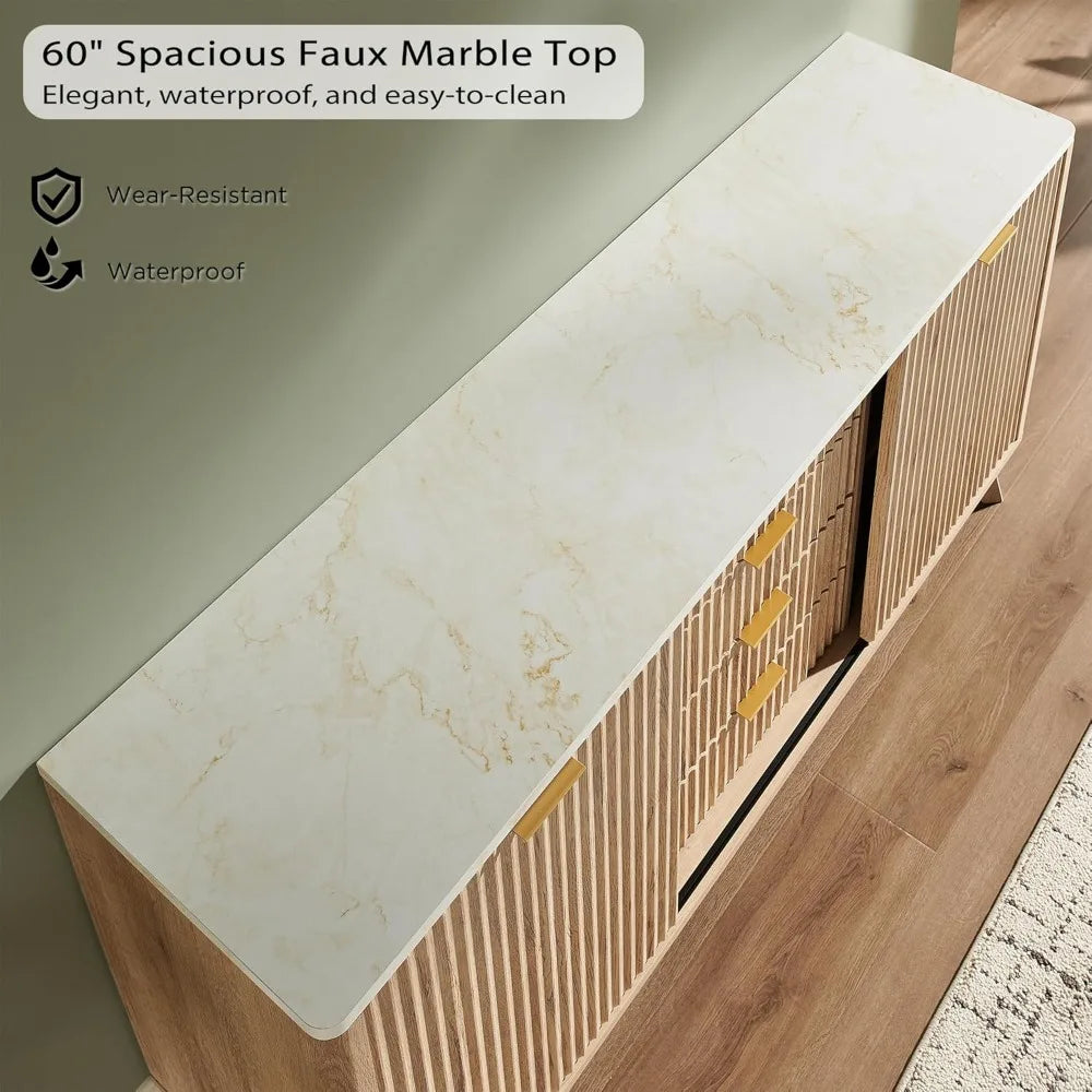 60" Fluted Dresser with Sliding Doors and 4 Drawers, Modern Chest w/Faux Marble Top, Curved Profile Design, Dresser