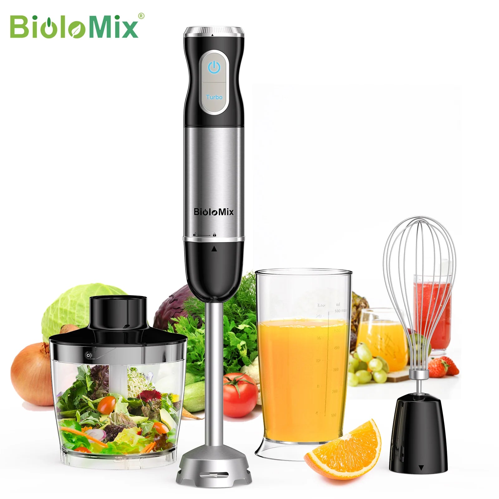 BioloMix 1000W 4-in-1 Immersion Hand Blender | Chopper, Whisk & Smoothie Cup
