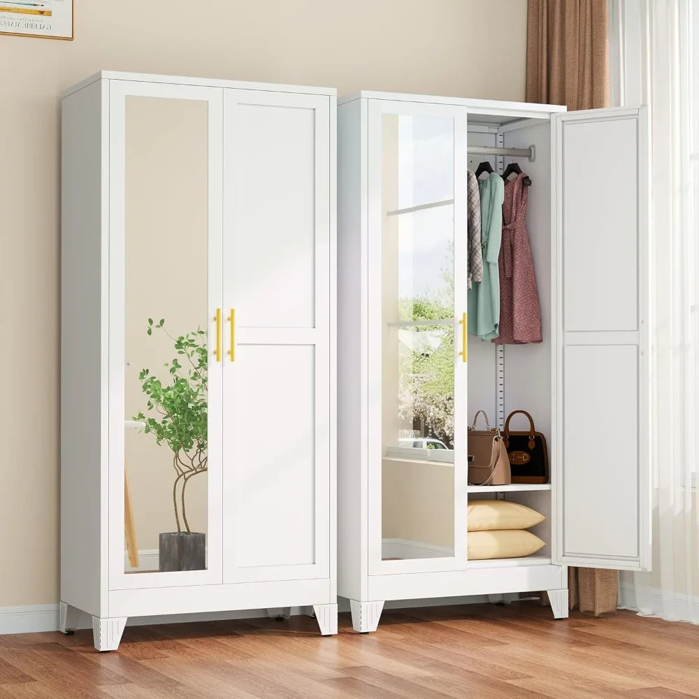 Metal Armoire Wardrobe w/2 Mirror Door, with Adjustable Shelves and Hanging Rod 71"' Wardrobe Cabinet, Wardrobes