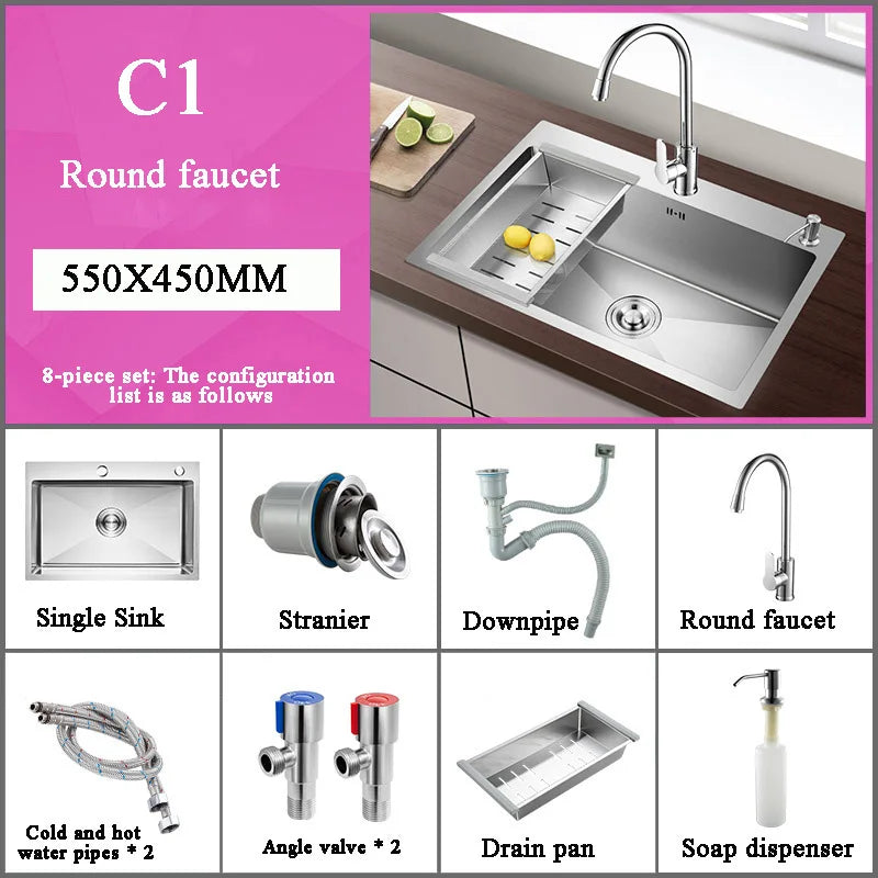 Stainless Steel Kitchen Sink Farm House Above Counter Undermounter Single Bowel Wash Basin with Faucet Drain Kitchen Accessories