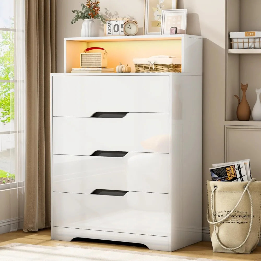 Glossy 4 Drawer Dresser with LED Light, 47.2" Modern Dresser and Chests of Drawers, Tall Chest of Drawer with Charging Station