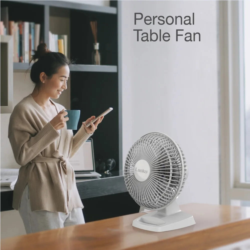 6" Personal 2-Speed Table Fan with Storage Tray, 9" H, White, New