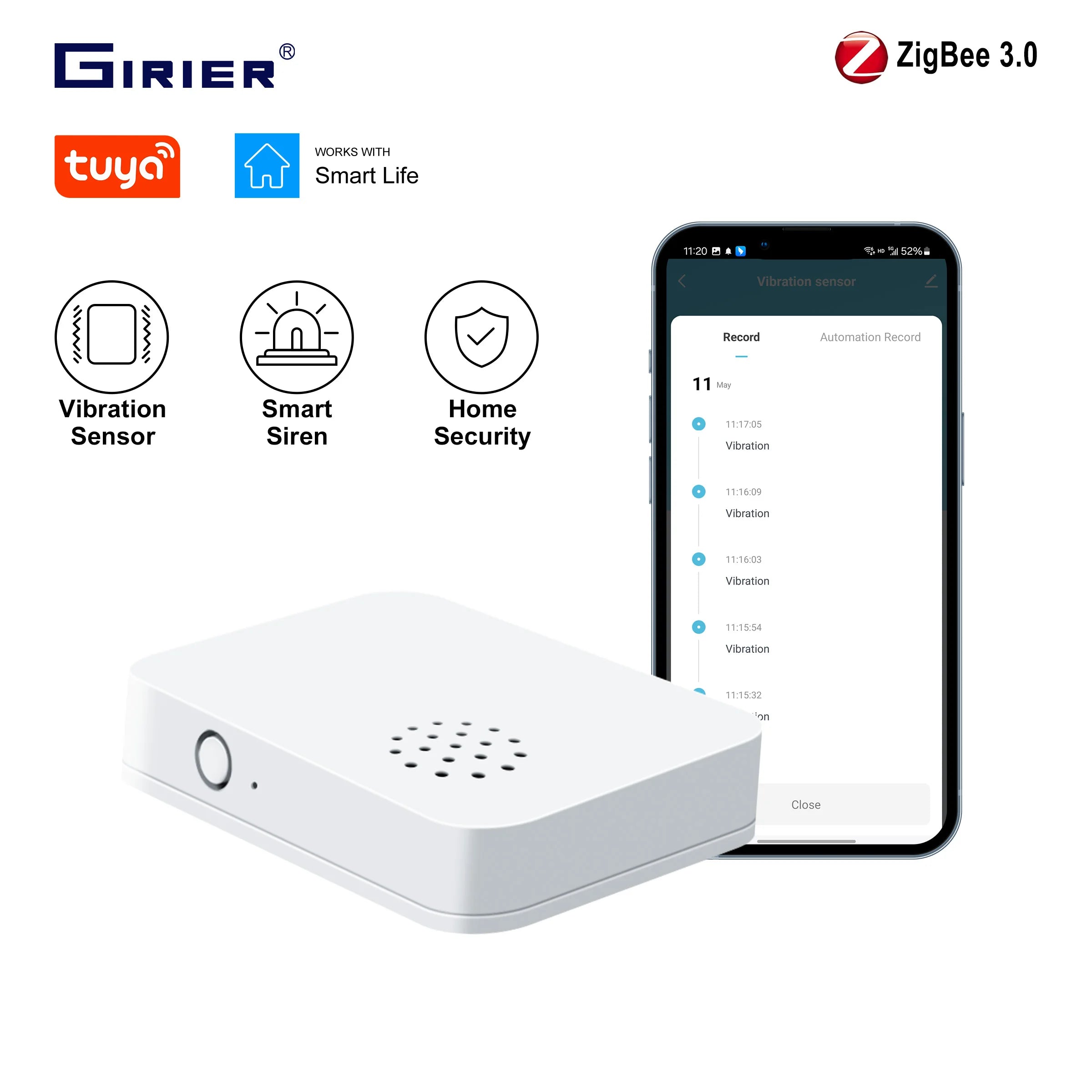 GIRIER Tuya ZigBee Vibration Sensor Smart Glass Break Detector Drop Tilt Detection Built-in Smart Siren for Home Security System