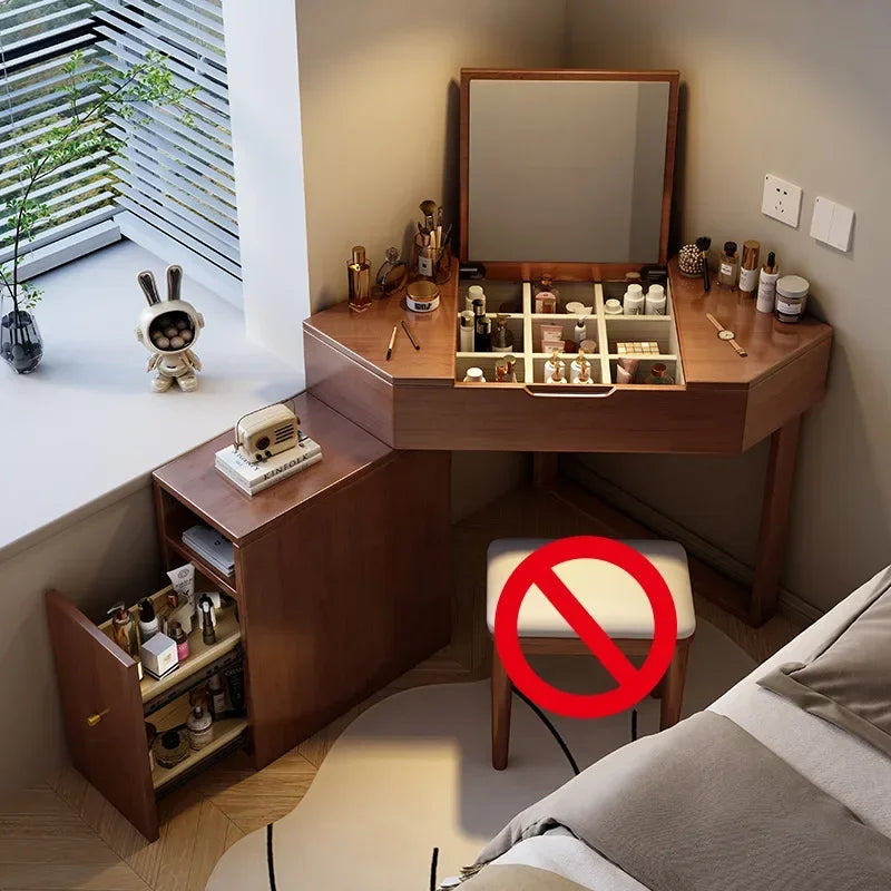 Corner Dressing Makeup Vanity Table with Mirror, Wood Vanity Set with Cabinet Retractable Dresser with Lots Storage for Bedroom