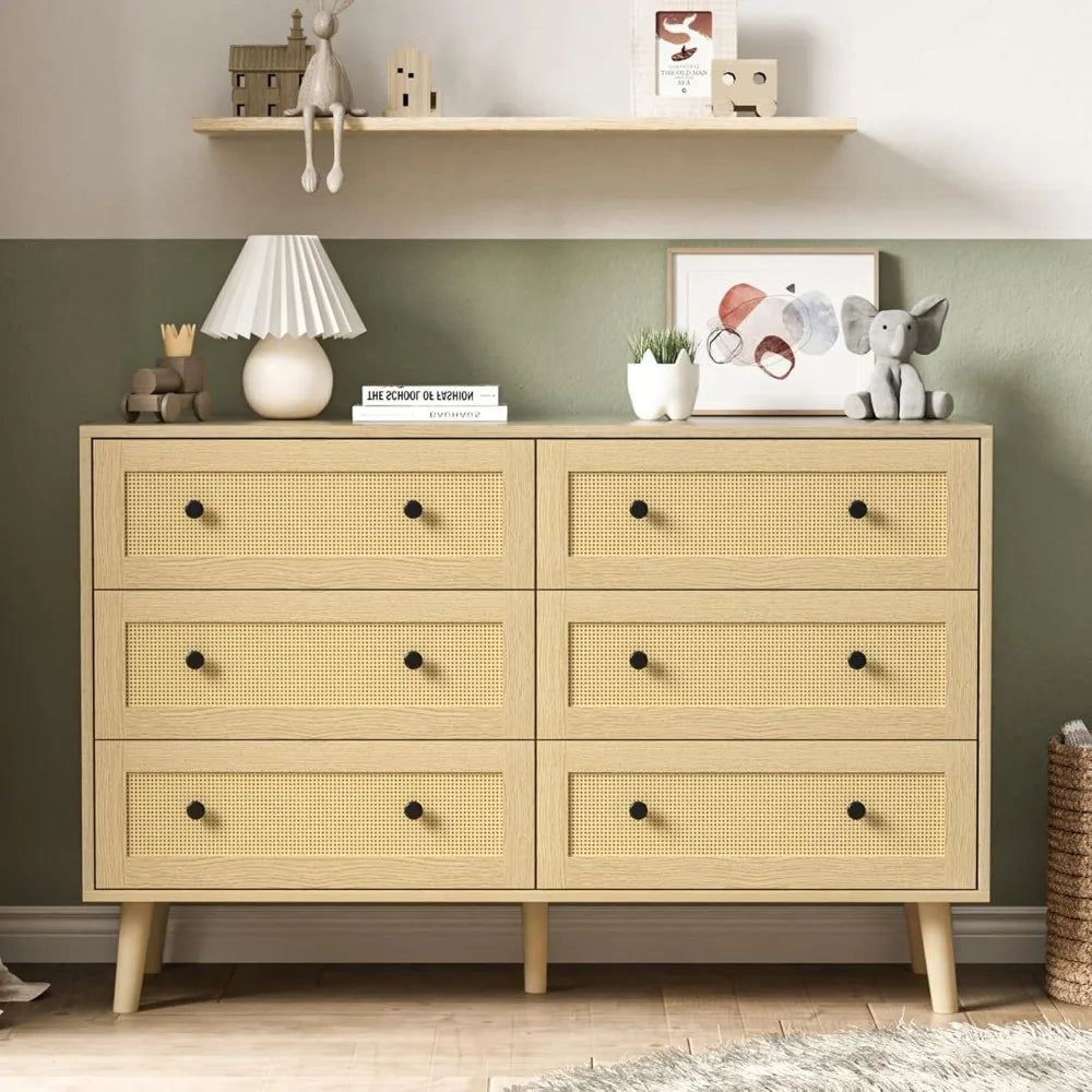 Bedroom rattan dress, modern 6-drawer double chest, black handle, Bohemian natural wood drawer box