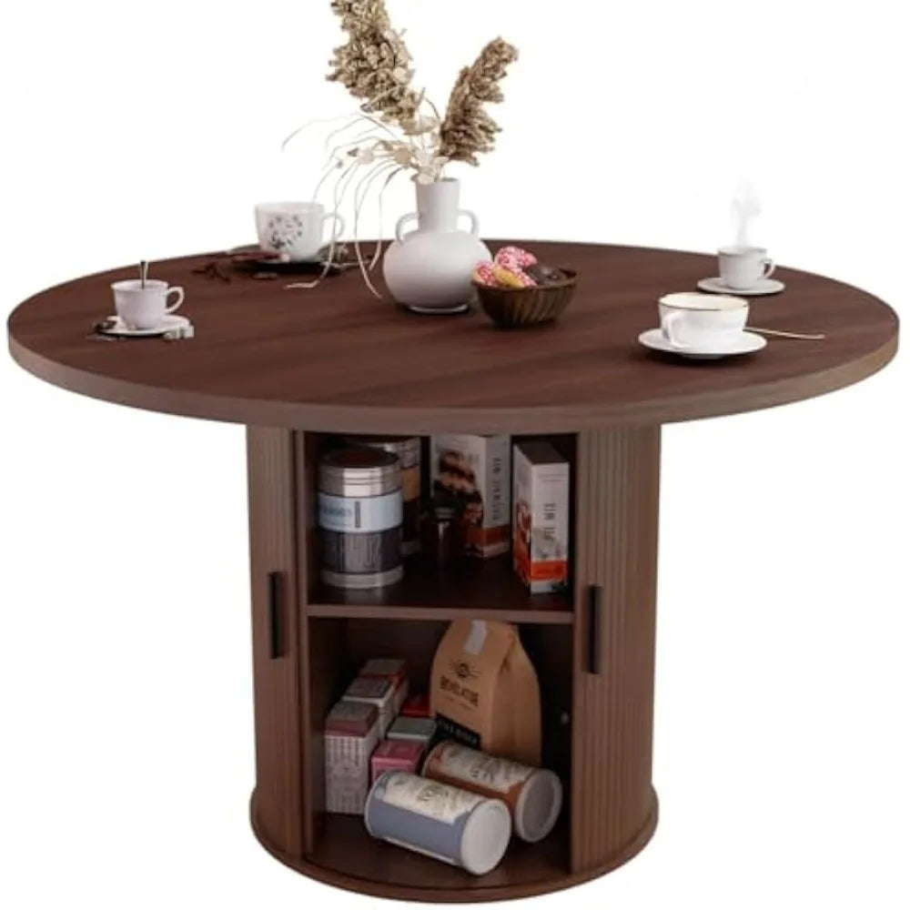 48'' Round Dining Table for 4-6 Kitchen Dining Table with Storage Dinner Room Table with 2-Layer Shelf and Wood Slide Door for