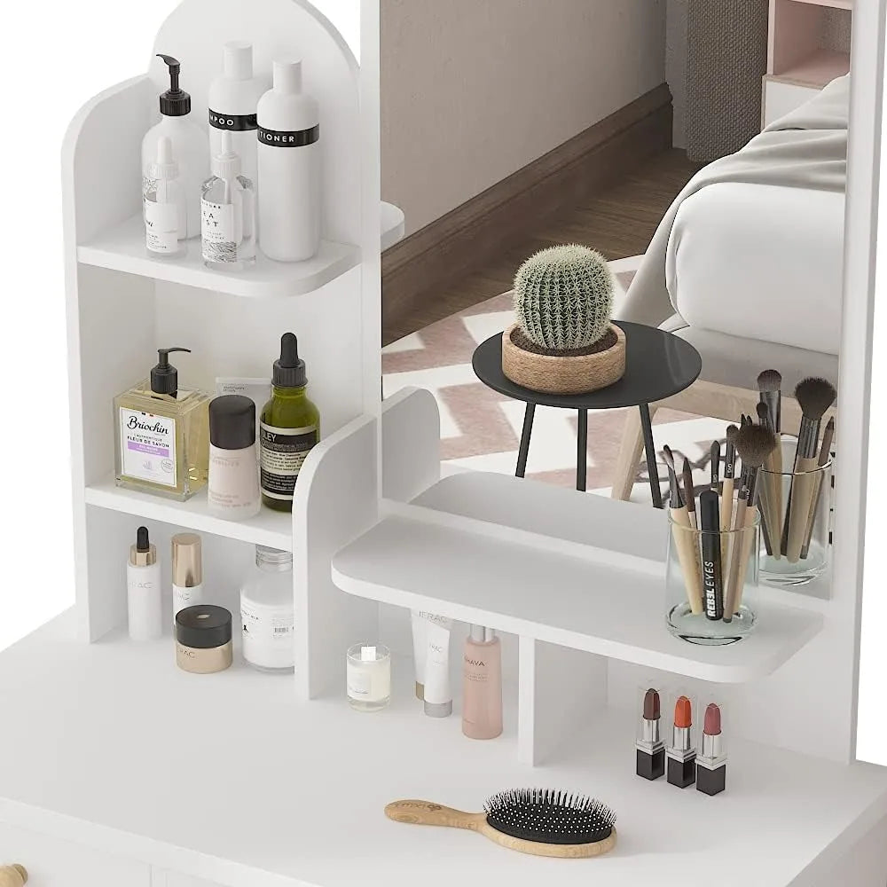FUFU&GAGA Vanity Set with Mirror, Makeup Vanity Dressing Table with 5 Drawers, Shelves, Dresser Desk and Cushioned Stool Set (Wh