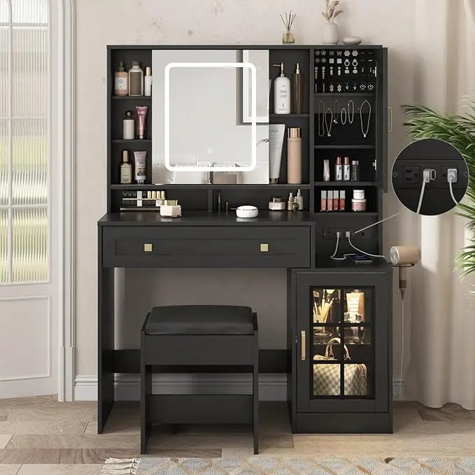Makeup Vanity Desk with Sliding Mirror, 41.8'' White Farmhouse Vanity Table with Stool, Jewelry Cabinet & Charging Station