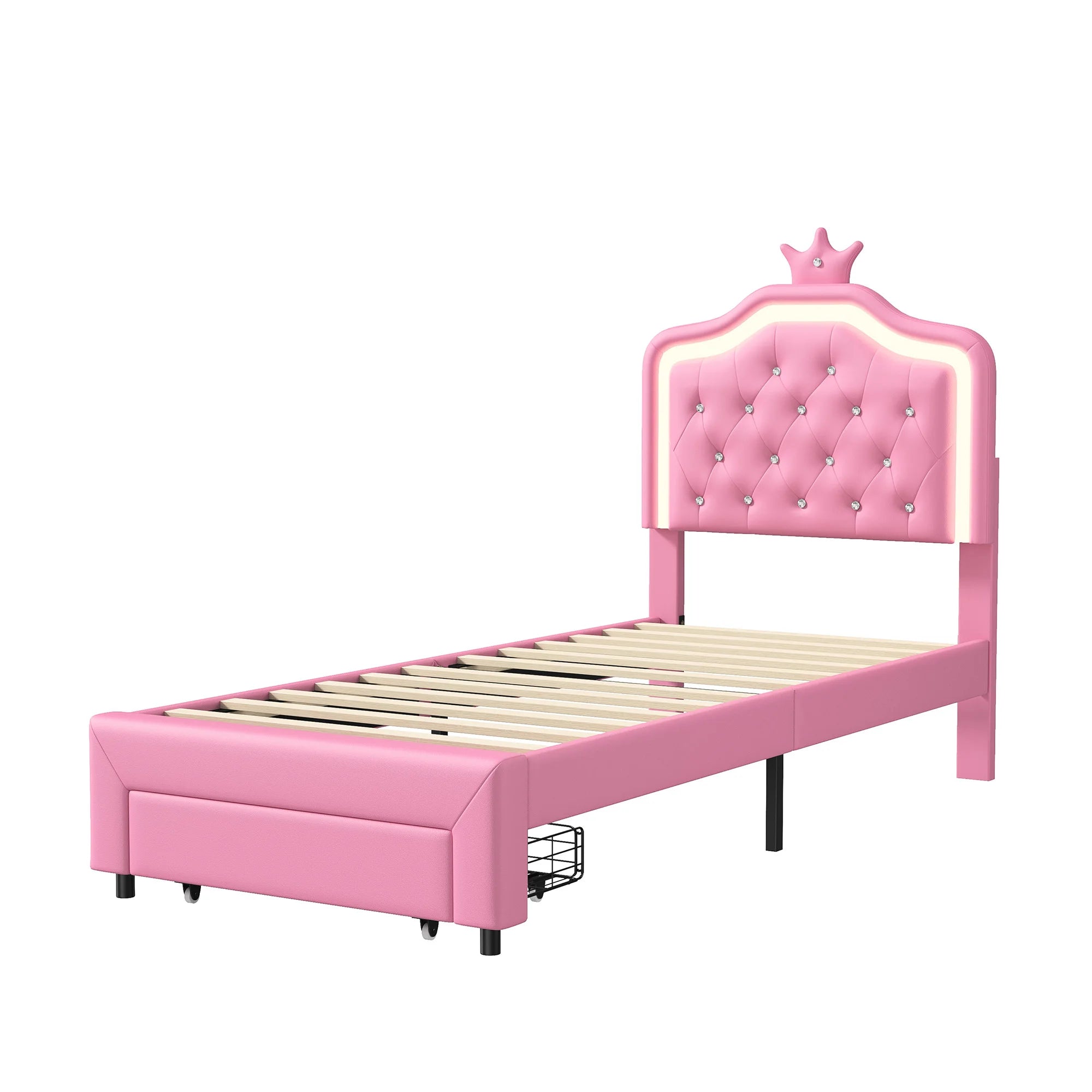 Children bed,90*200cm Flat single bed, crown shaped princess bed, soft PU leather upholstery, adjustable LED ambient light strip