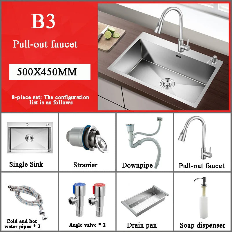 Stainless Steel Kitchen Sink Farm House Above Counter Undermounter Single Bowel Wash Basin with Faucet Drain Kitchen Accessories