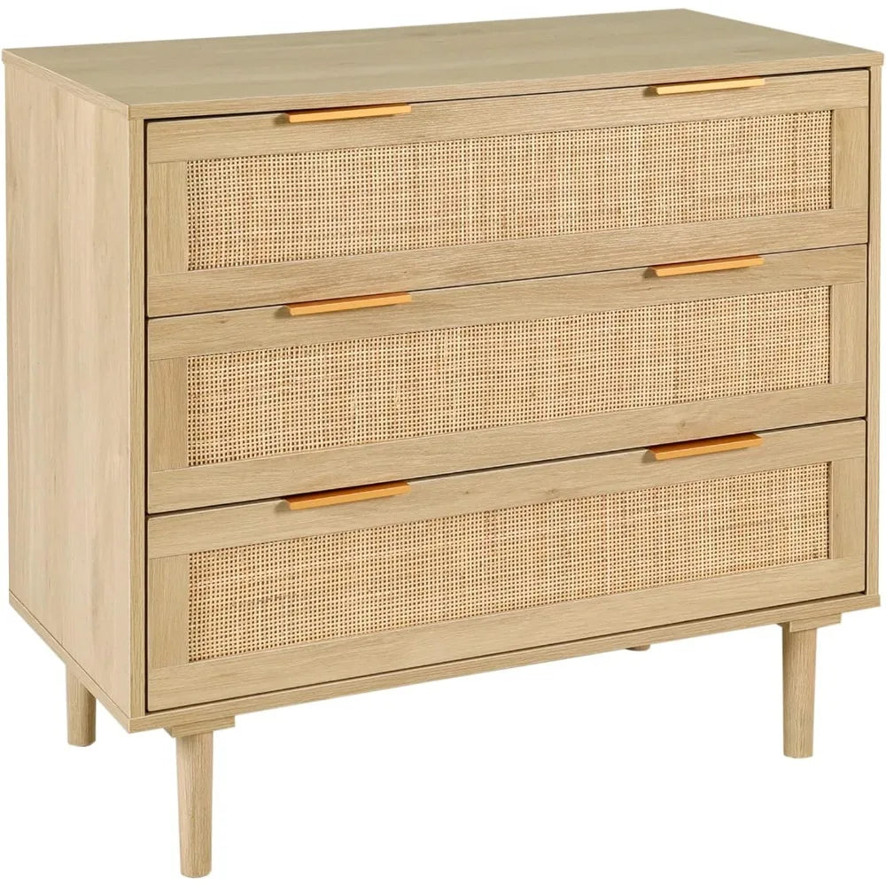 3 Drawer Dresser for Bedroom, Rattan Modern Closet Dressers Chest of Drawers, Wood Oak Storage Chest for Kids Bedroom, Hallway
