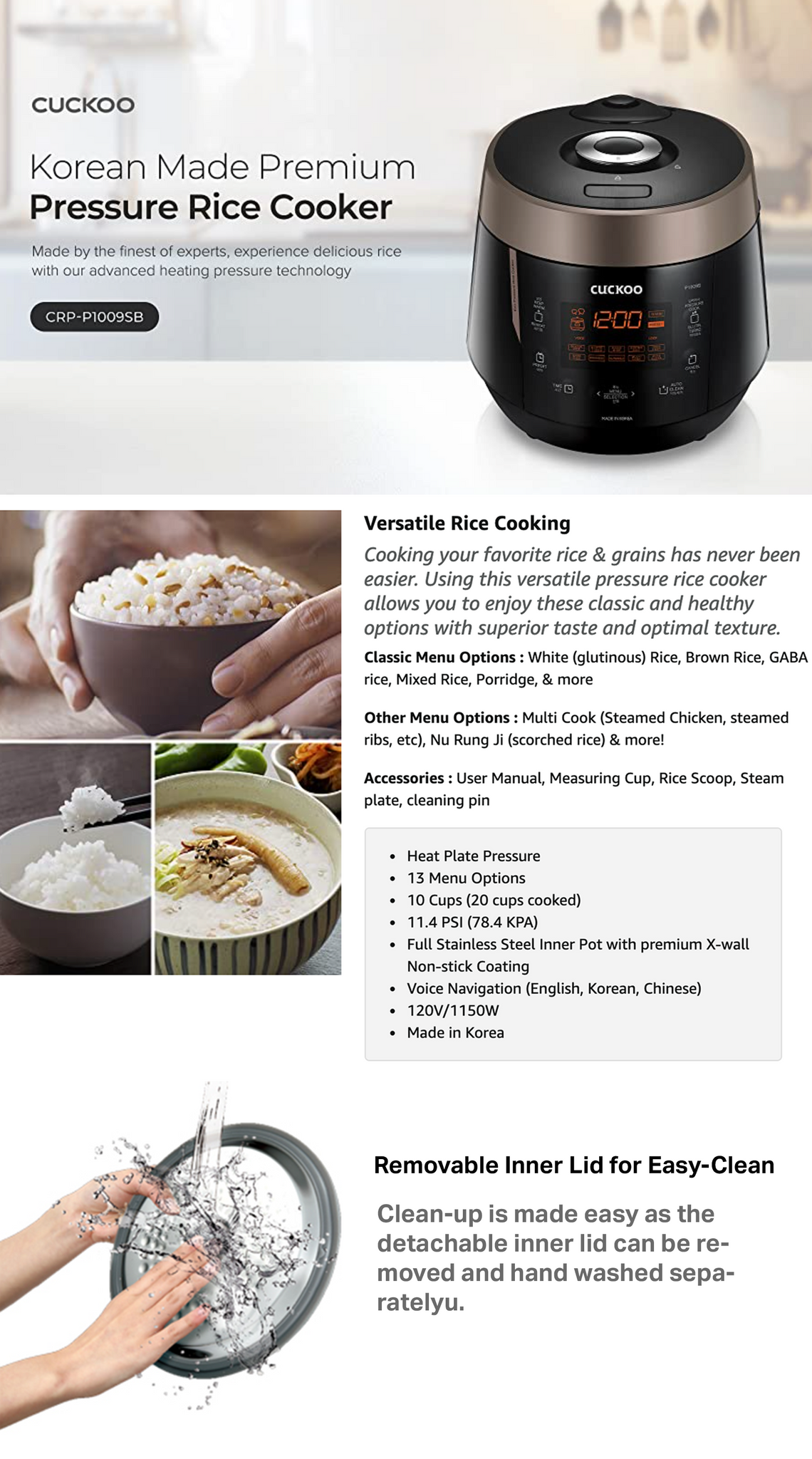 Cuckoo CRP-P1009S 10 Cups Electric Pressure Rice Cooker (Black)