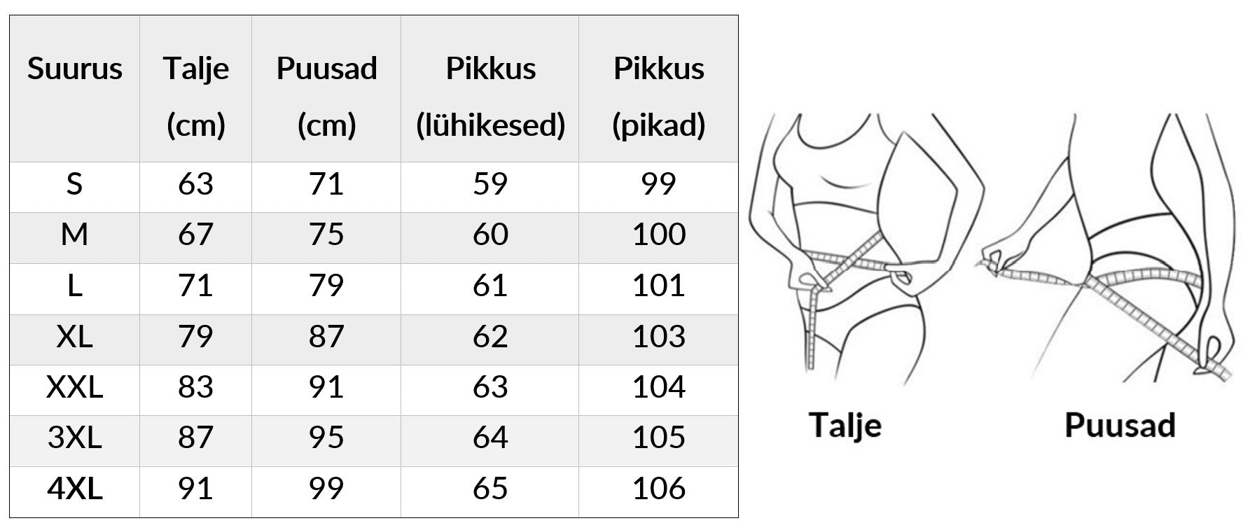 Mõõdutabel-kaubadkoju.ee-saunaefektiga retuusid