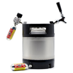 1.75 gallon mini ball lock keg with faucet, regulator, and CO2 canister.