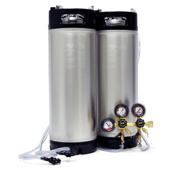 2, 5-gallon corny kegs with a double body regulator and two picnic taps.