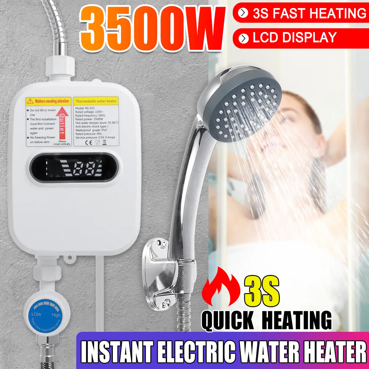 3500w 110v Instant Water Heater Shower 3s Heating Bathroom