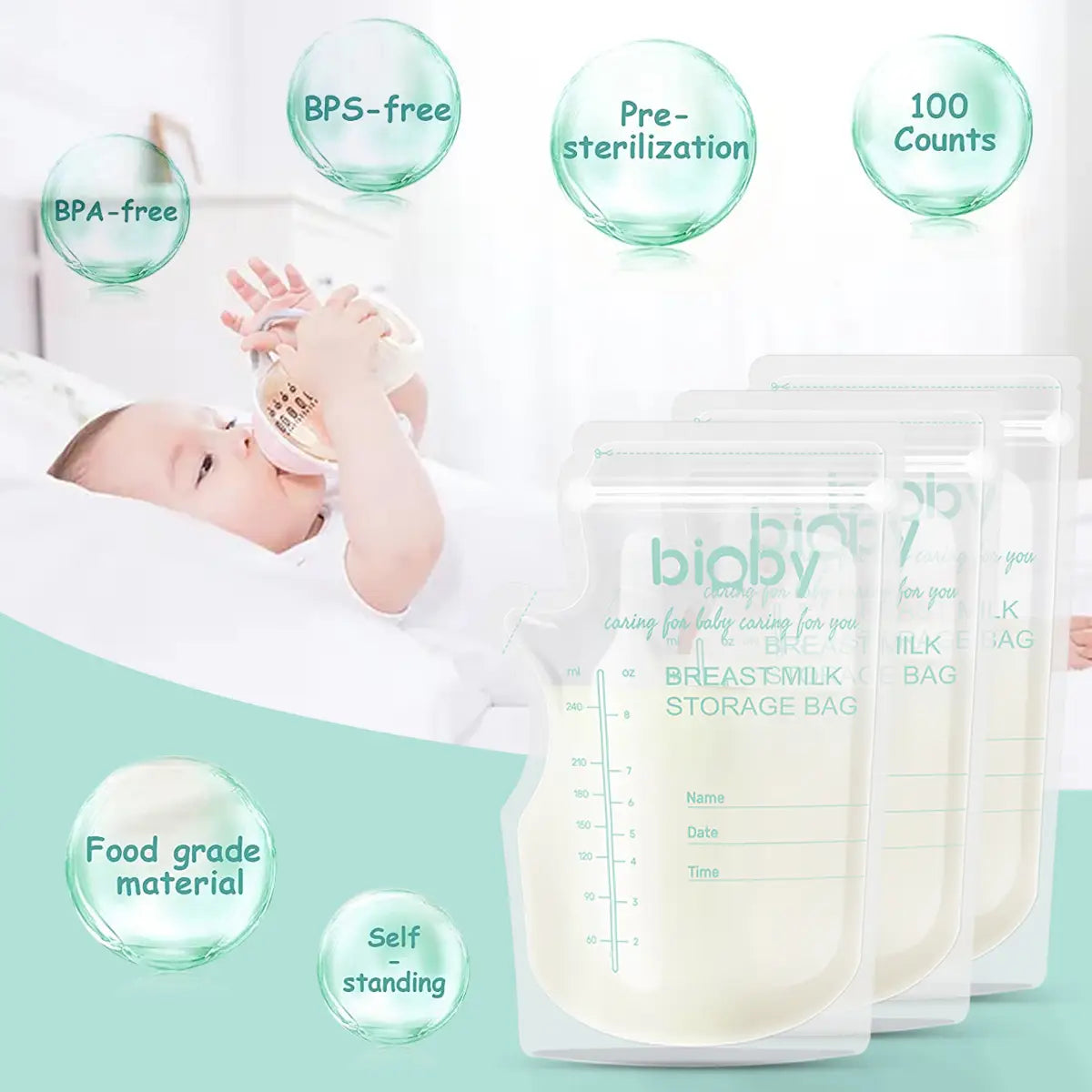 Bioby 100pcs 40ml Milk Freezer Bags Leakproof Mother Baby