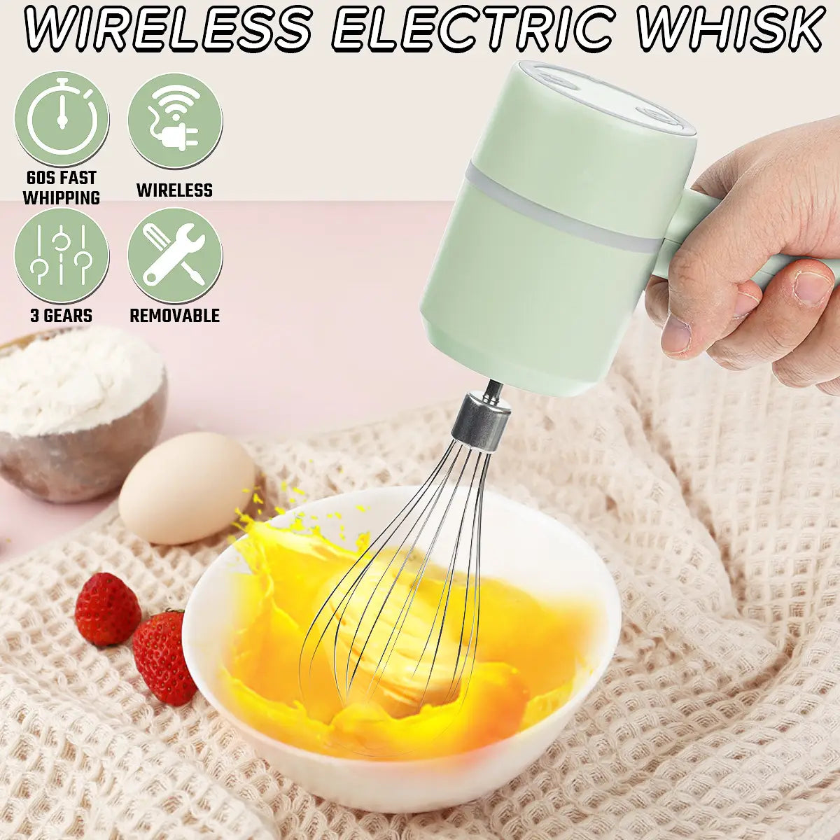 Wireless Hand Mixer 3 Speeds Double Stirring Head Design