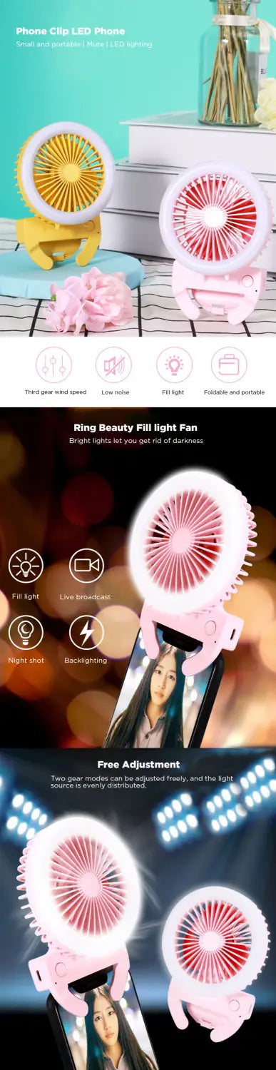 Handheld Phone Clip Led Fan Mini Folding 180 Rotation 2