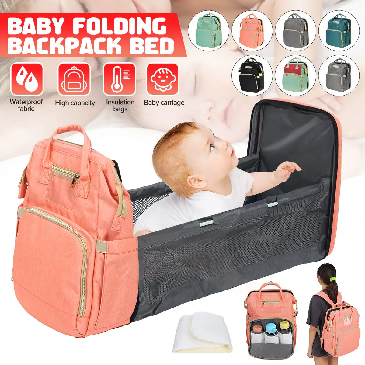 3 In 1 Baby Diaper Bag With Bed Crib Foldable Mummy Backpack