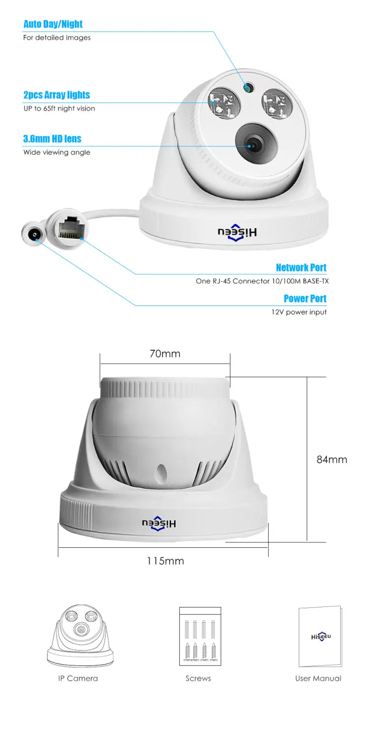 Hiseeu Hc615-p-3.6 5mp 1920p Poe Ip Camera H.265 Audio Dome