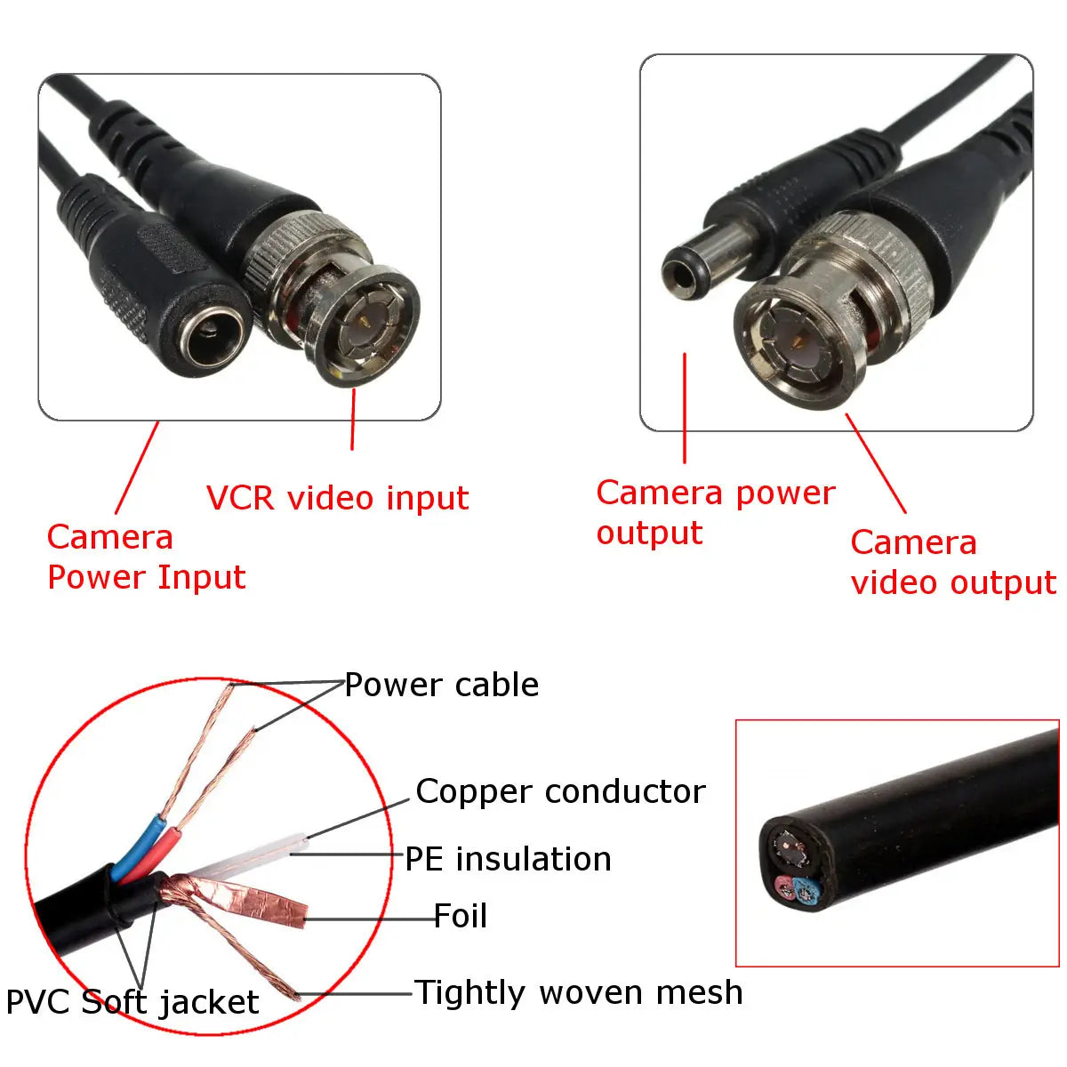 65ft 20m Security Camera Cable Video Power Extension Wire