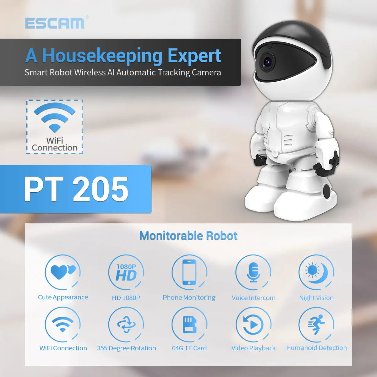 Escam Pt205 1080p Robot Ip Camera Security 360 Wifi Wireless