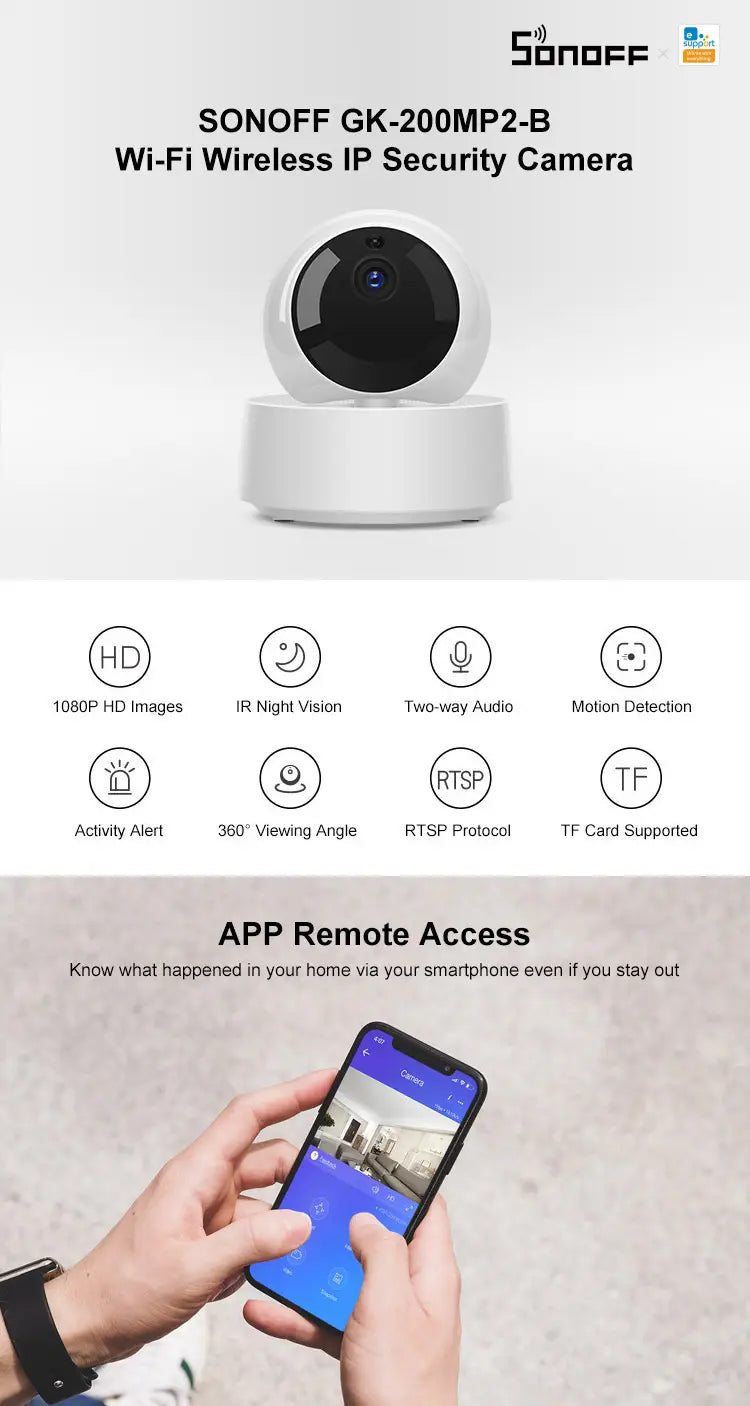 Sonoff Gk-200mp2-b Wifi Ip Camera 1080p 360 Degree Security