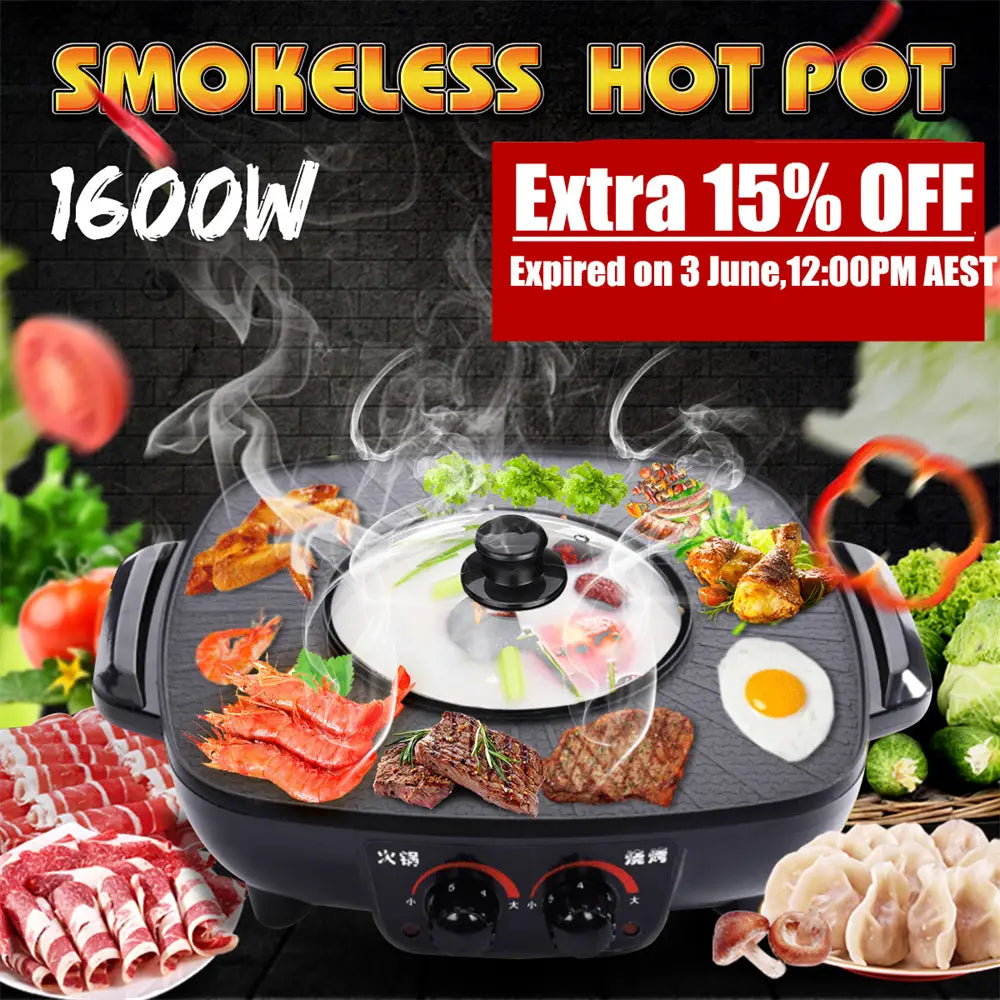 1600W Electric Hot Pot Smokeless Non-stick Coating Fast