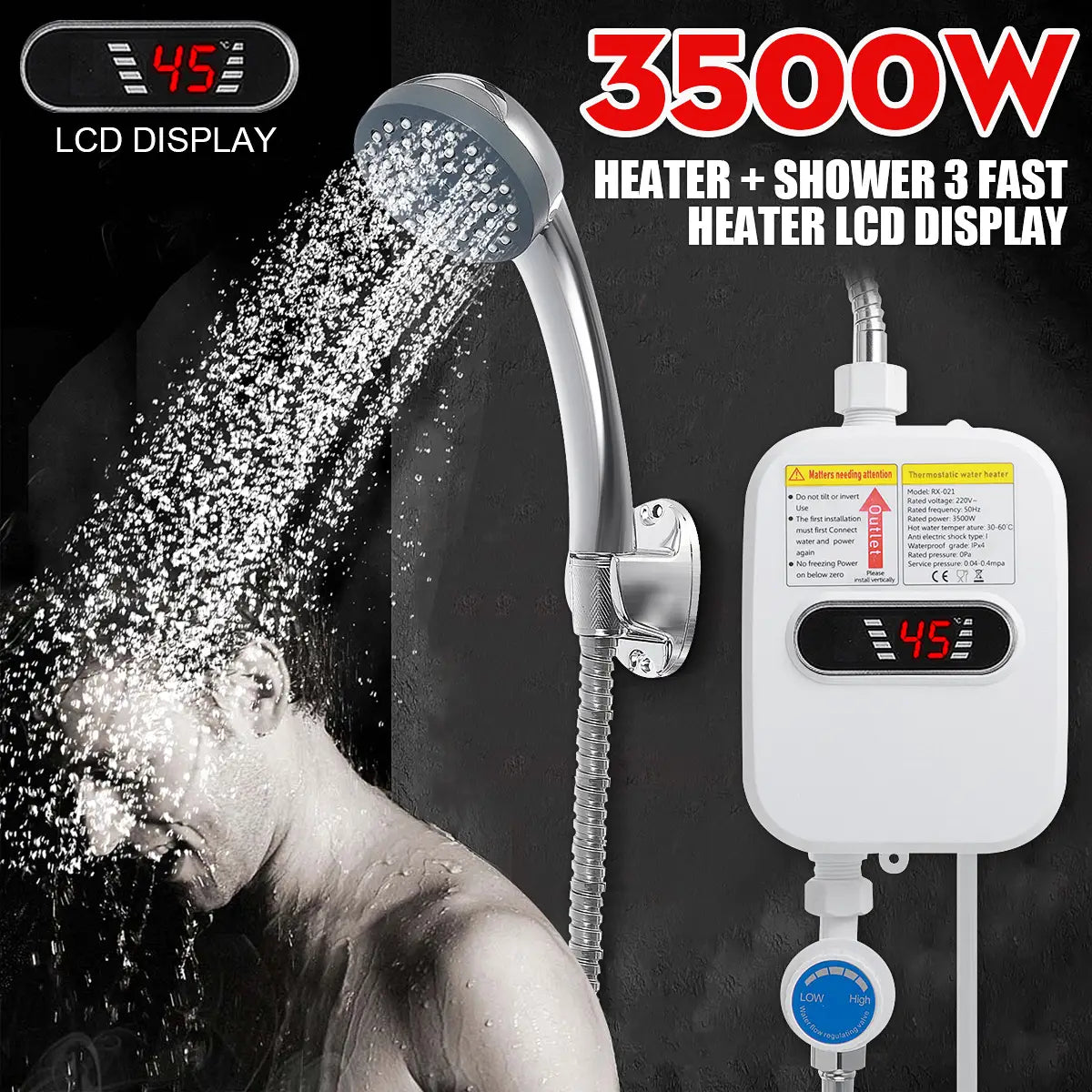 3500w 110v Instant Water Heater Shower 3s Heating Bathroom