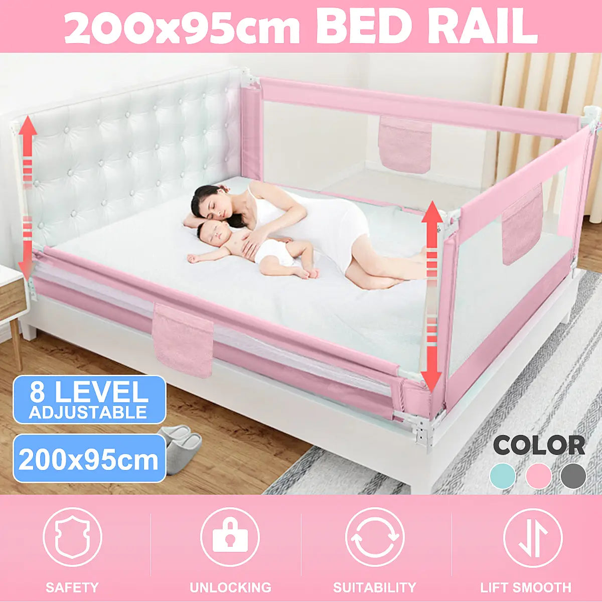 2m Baby Toddler Safety Bed Rail Adjustable Kid Cot Side