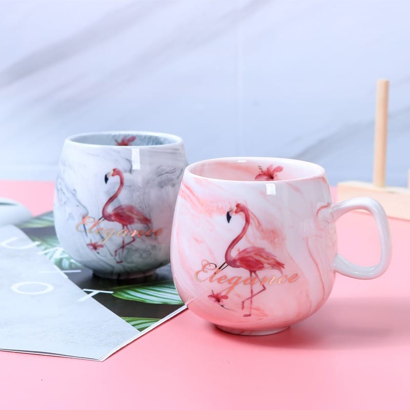 Marbled Ceramic Cup - 400ml Water Glass, Flamingo