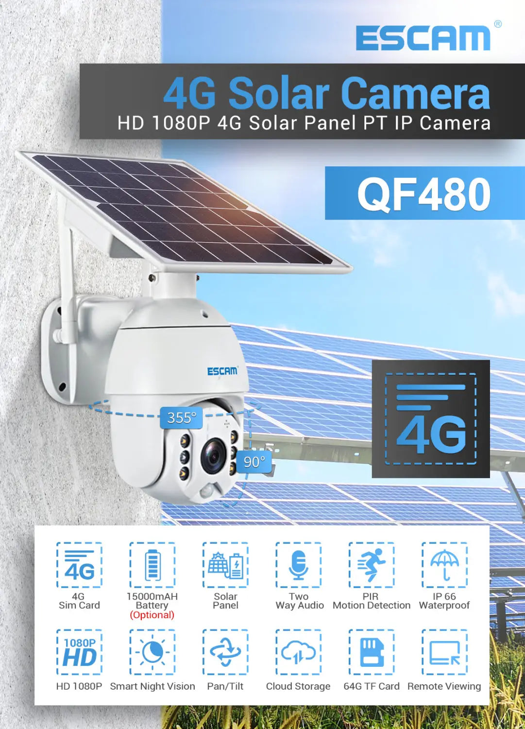Escam Qf480 1080p Cloud Storage Pt 4g Pir Alarm Ip Camera